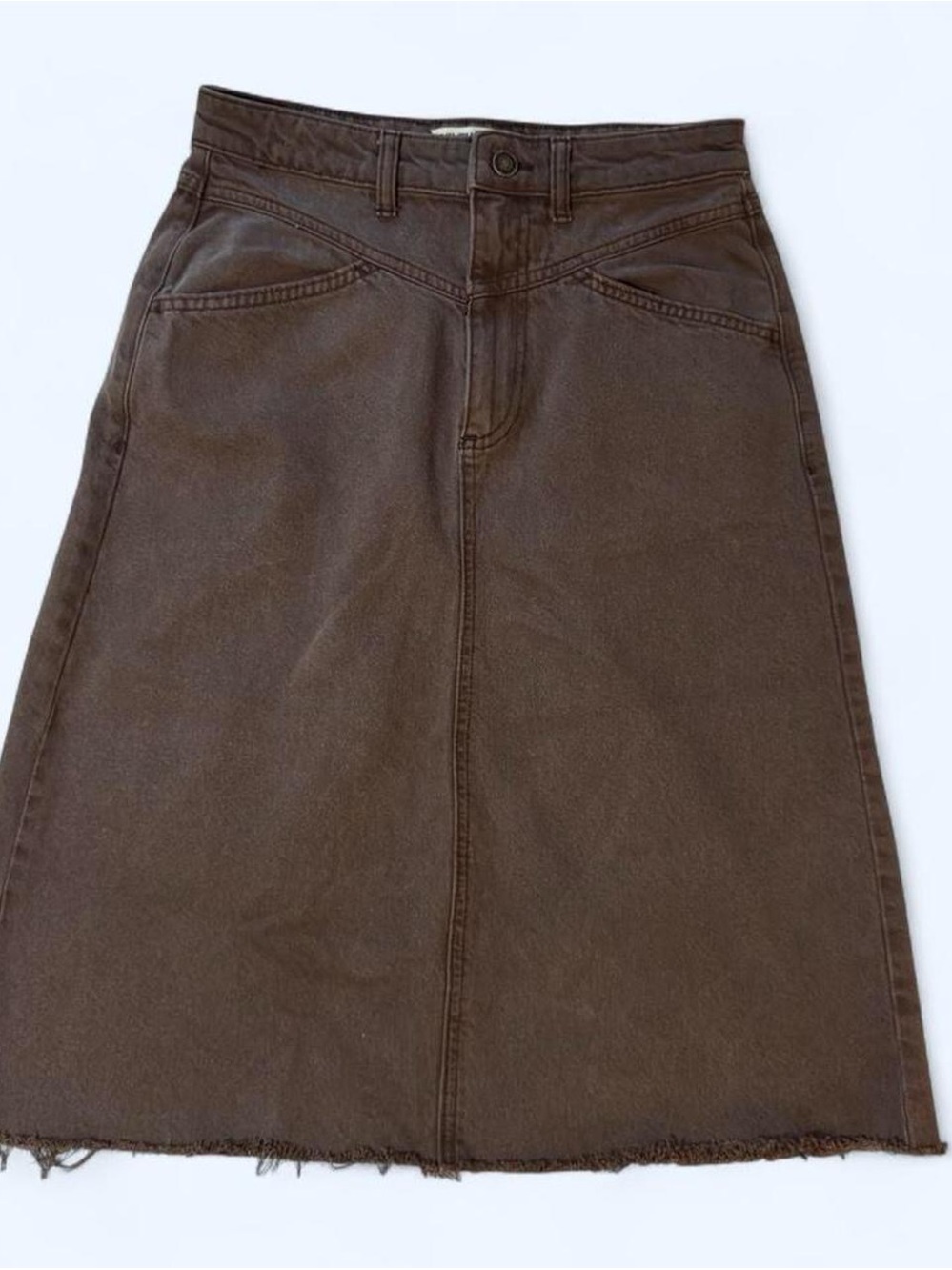 We The Free Brown Midi Denim Skirt with Frayed Hem